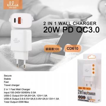 Ellietech CD610 PD QC3.0 20W Chargeur Rapide USB Blanc